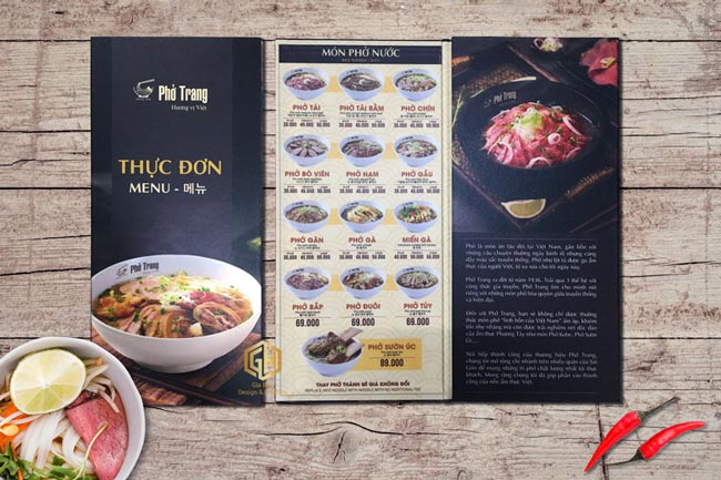 Thực đơn menu phở Trang